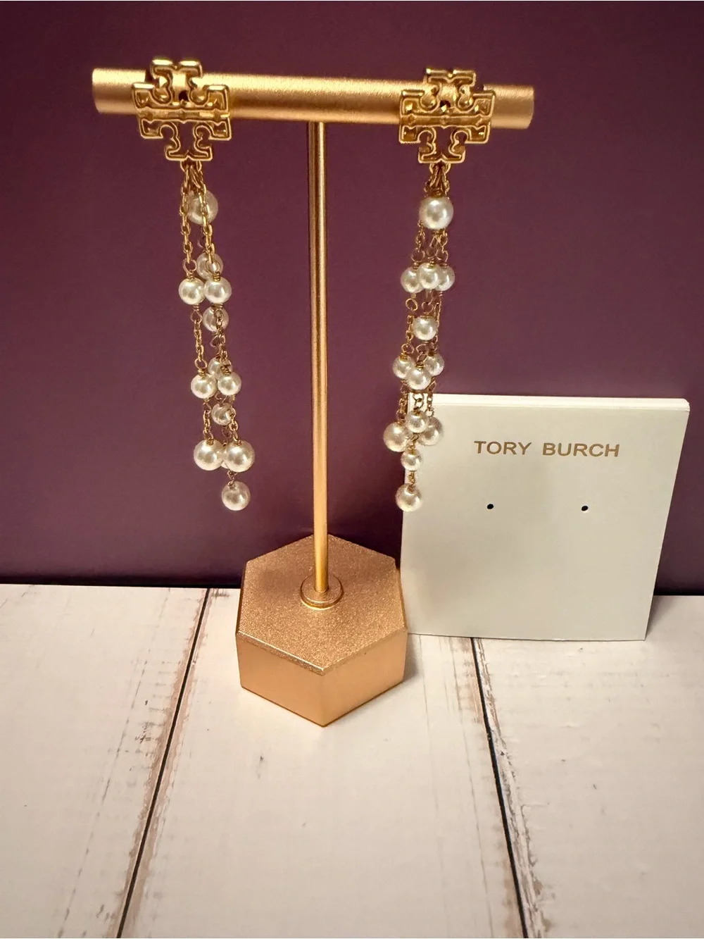 Tory Burch Pearl Chain Tassel Earrings Gold - New